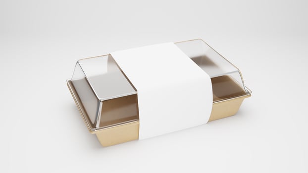 Plastic food packaging box with blank label, on white background. photo