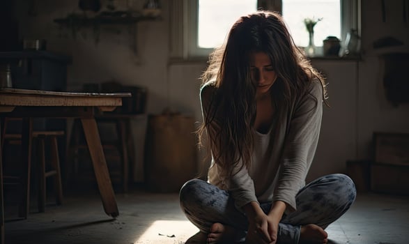 Vulnerable woman at home, lost in thought. AI generative. photo