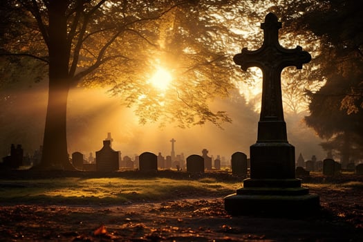 Gravestones in a cemetery at sunrise AI generated photo