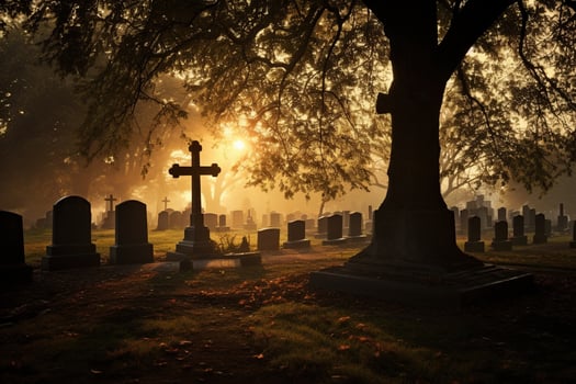 Gravestones in a cemetery at sunrise AI generated photo