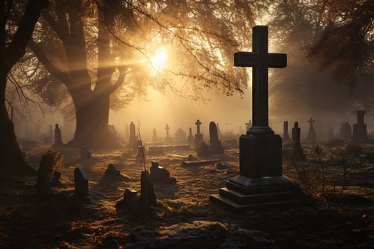 Gravestones in a cemetery at sunrise AI generated photo