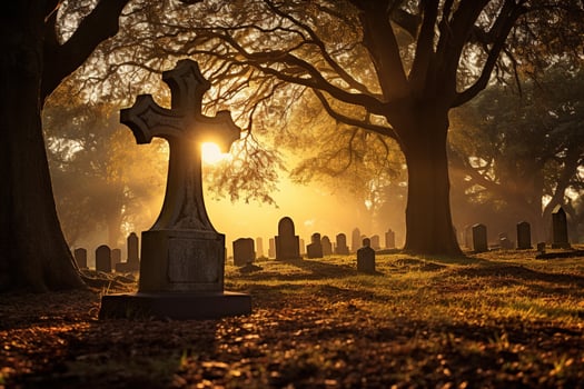 Gravestones in a cemetery at sunrise AI generated photo