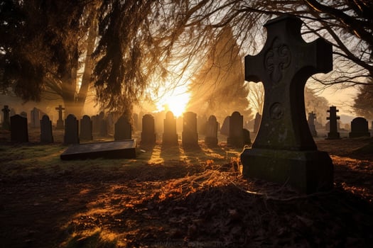 Gravestones in a cemetery at sunrise AI generated photo