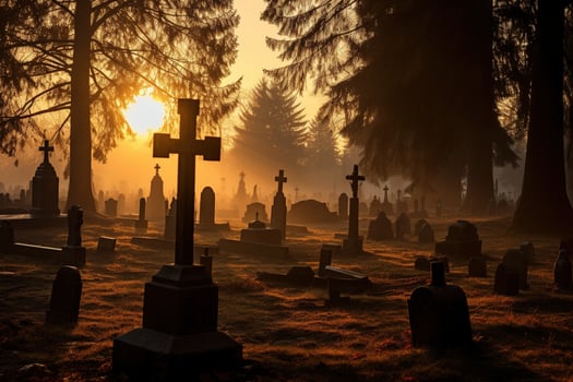 Gravestones in a cemetery at sunrise AI generated photo