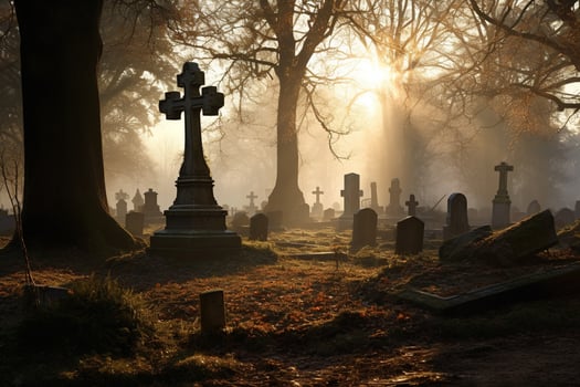 Gravestones in a cemetery at sunrise AI generated photo