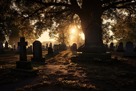 Gravestones in a cemetery at sunrise AI generated photo