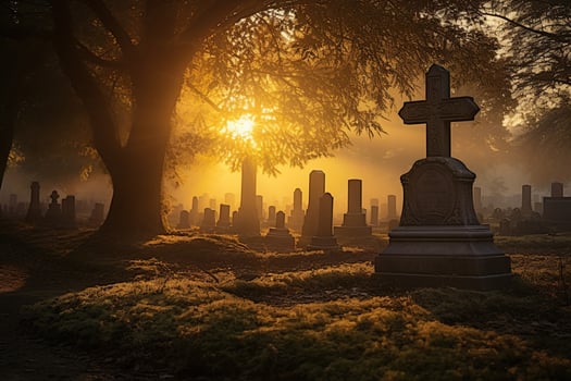 Gravestones in a cemetery at sunrise AI generated photo