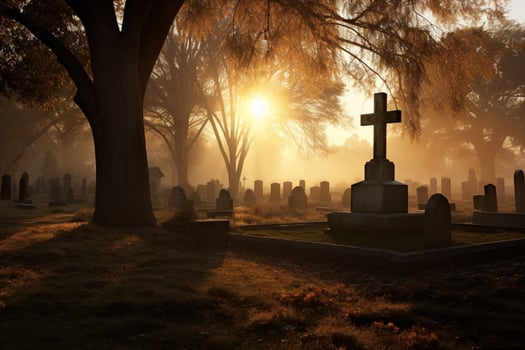 Gravestones in a cemetery at sunrise AI generated photo