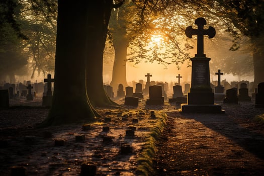 Gravestones in a cemetery at sunrise AI generated photo
