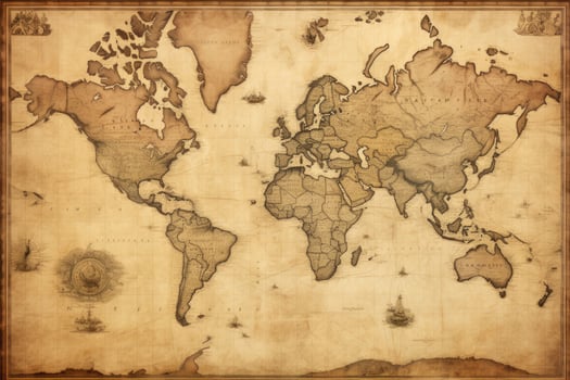old map of the world on a wooden background with grunge textures, Old Antique World Map on Mercators Projection, AI Generated photo