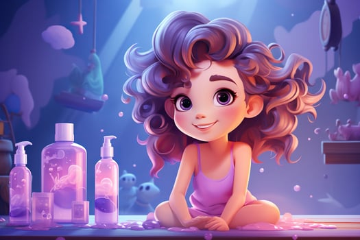 Toddler girl with bottles with children's skin care cosmetics in cartoon style. Baby skin care. Generated by artificial intelligence photo