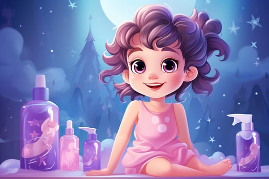 Toddler girl with bottles with children's skin care cosmetics in cartoon style. Baby skin care. Generated by artificial intelligence photo