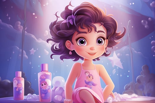 Toddler girl with bottles with children's skin care cosmetics in cartoon style. Baby skin care. Generated by artificial intelligence photo