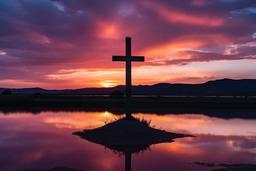 Concept or conceptual wood cross or religion symbol shape over a sunset sky background banner AI generated photo