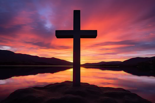Concept or conceptual wood cross or religion symbol shape over a sunset sky background banner AI generated photo