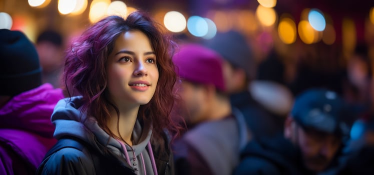 Young beautiful woman defense rally, neon street lighting, solidarity and rights protection, banner photo