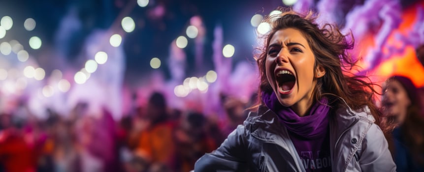 Woman activist shouts angrily at a rally, banner with copy space, protecting women's rights photo