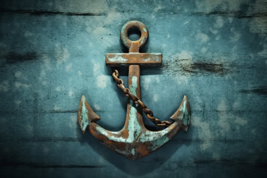 Old ship anchor on blue marine background. Generate ai photo