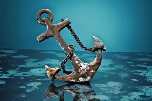 Worn boat anchor on marine breeze background. Generate ai photo