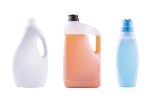different plastic bottles with washing liquid photo