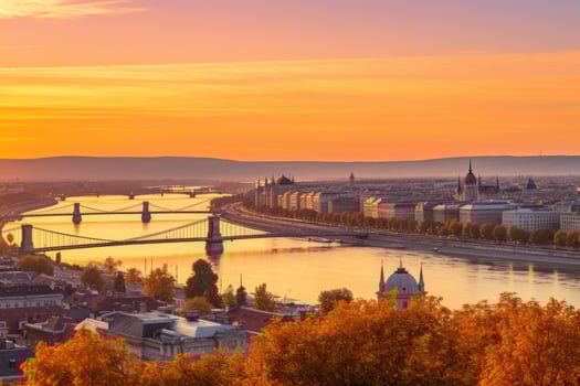 Panoramic view of Budapest and Danube river at sunset, Hungary, Panoramic view over the budapest at sunset, AI Generated photo