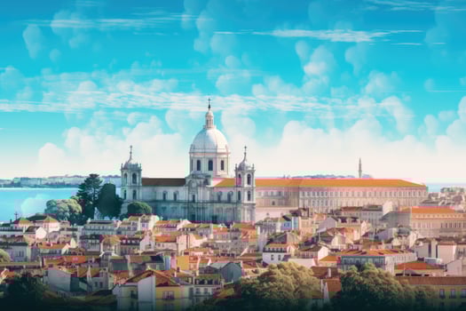 Panoramic view of Lisbon, Portugal, Europe. Mixed media, panorama of the mountains, AI Generated photo