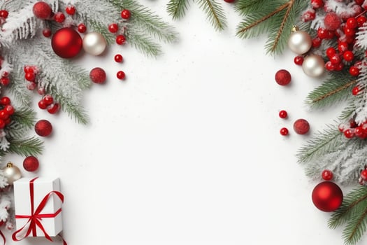 Christmas composition with gift boxes, card balls fir branches pine cones with copy space. Christmas by AI Generated photo