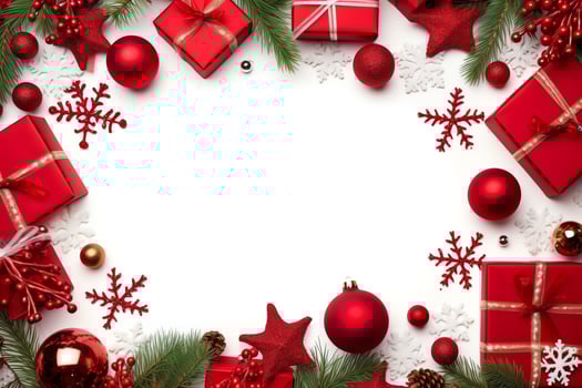 Christmas composition with gift boxes, card balls fir branches pine cones with copy space. Christmas by AI Generated photo