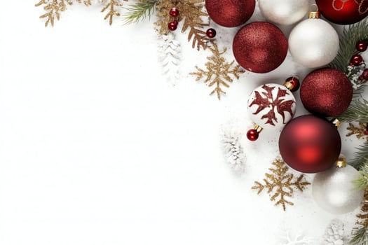Christmas composition with gift boxes, card balls fir branches pine cones with copy space. Christmas by AI Generated photo