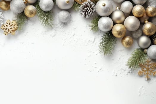 Christmas composition with gift boxes, card balls fir branches pine cones with copy space. Christmas by AI Generated photo