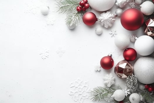 Christmas composition with gift boxes, card balls fir branches pine cones with copy space. Christmas by AI Generated photo