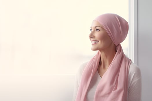 Happy cancer patient. Smiling woman after chemotherapy treatment at hospital oncology department. Breast cancer recovery. Breast cancer survivor. Portrait smiling bald woman. Generative AI. photo