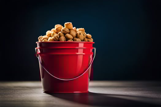 a red bucket filled with peanuts on a dark table. AI-Generated photo