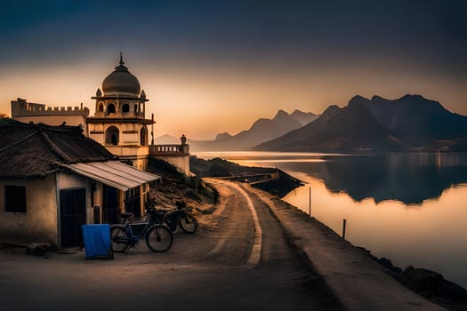 a small building sits on the side of a road near a lake. AI-Generated photo