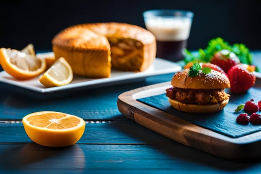 a plate with a sandwich, fruit and a drink. AI-Generated photo