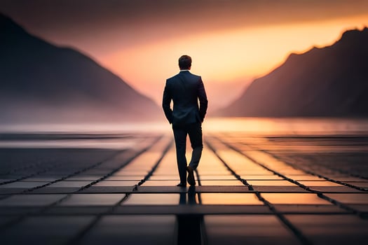 a man in a suit walks along a path in the middle of a lake. AI-Generated photo