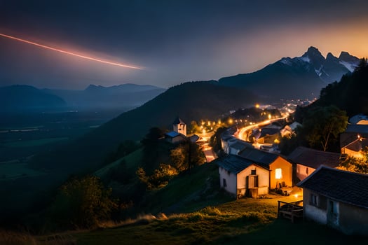 photo wallpaper the sky, mountains, night, the village, the alps, the alps. AI-Generated