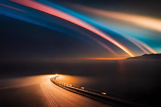 a rainbow is seen over the ocean and a road. AI-Generated photo