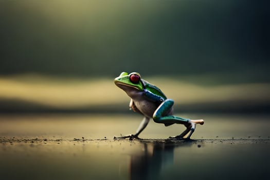 a frog is standing on its hind legs on a wet surface. AI-Generated photo