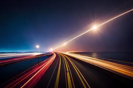 long exposure of a highway at night with light trails. AI-Generated photo