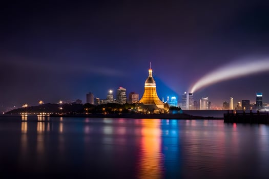 the city skyline at night with a bright light shining on it. AI-Generated photo