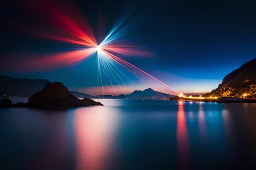 a bright light shines over the water. AI-Generated photo