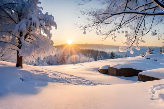 snow covered trees and the sun setting over a snowy landscape. AI-Generated photo