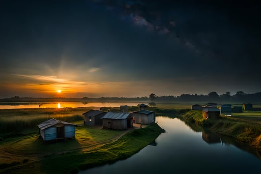the sun rises over a river and some small huts. AI-Generated photo