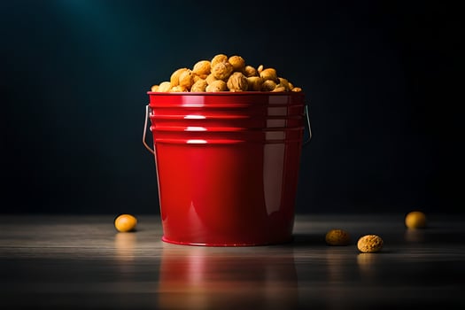 a red bucket filled with peanuts on a dark table. AI-Generated photo