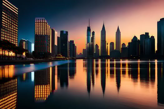 the city skyline is reflected in the water at sunset. AI-Generated photo