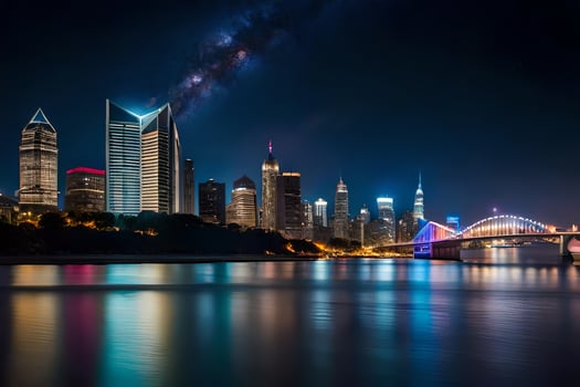 the city skyline at night with the milky way in the background. AI-Generated photo