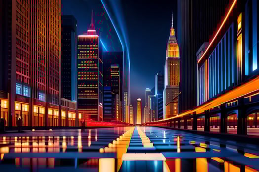 a city street at night with lights and buildings. AI-Generated photo