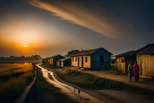 the sun sets over a village in india. AI-Generated photo