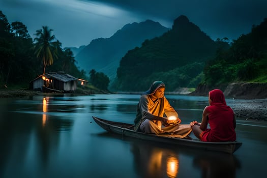 two people in a boat with a light on the water. AI-Generated photo